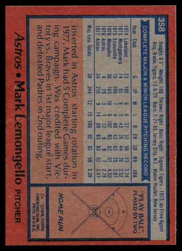Mark Lemongello 1978 Topps #358 - Imagen 2 de 2