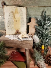 VINTAGE PRIMITIVE VICTORIAN FOLK ART STYLE CABIN SANTA 1824 CHRISTMAS TREE SIGN 