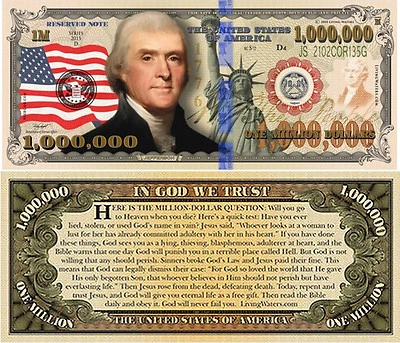 Thomas Jefferson Million Dollar Bill Play Funny Money Gospel Tract + FREE SLEEVE