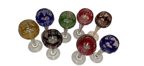 8 Piece Bohemian Crystal Cut Clear Emerald Green Purple Cordial Stem Glass 4.5” - Picture 6 of 6