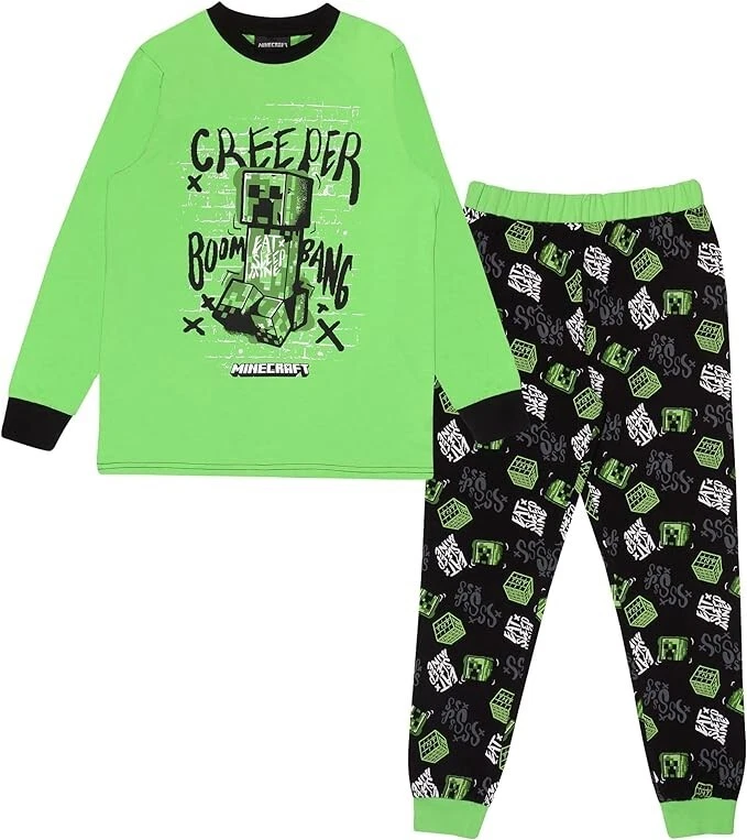 Minecraft Creeper Boom Bang Long Pyjamas Set Kids Green Black