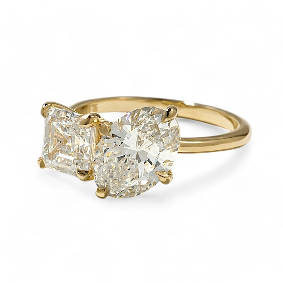 Anillo de oro Toi et Moi 3,70 quilates IGI laboratorio cultivado Asscher marquesa diamante amarillo 14 k Foto 3 de 4