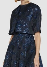  1095 Talbot Runhof Womens Blue Metallic Silk Jacquard Crop Jacket Size IT34/US4