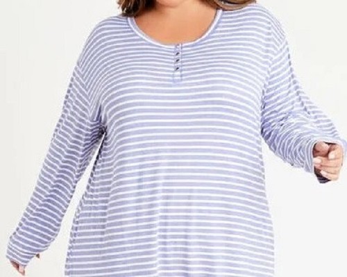 Nwt $52 CAROLE HOCHMAN Blue Striped Long Sleeve SOFT KNIT Nightgown POCKETS 2X - Picture 3 of 4