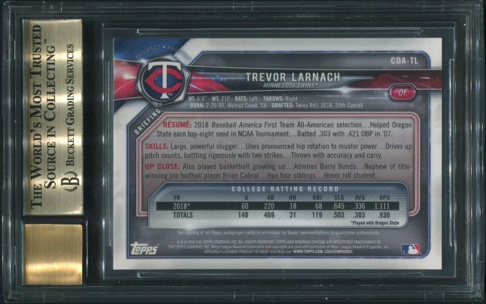 (1) Trevor Larnach 2018 Bowman cromo azul refractores automático radiocontrol novato BGS 9,5/10 Foto 2 de 2