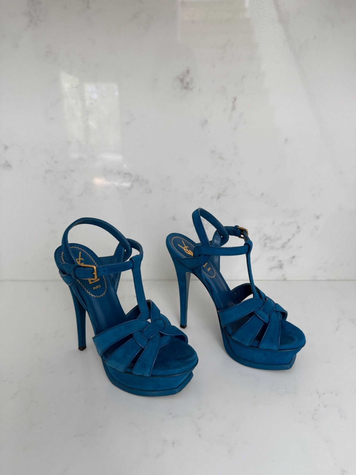 Sandali con plateau YSL Yves Saint Laurent Tribute Teal scamosciati 105 mm taglia 34 5 US4 5