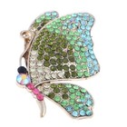 Brooch With Rhinestone P1346-Grn Silver Tone Metal Butterfly