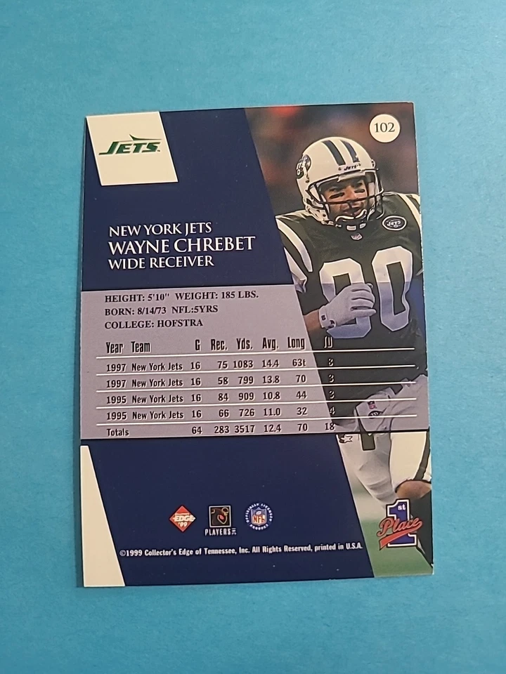 WAYNE CHREBET 1999 COLLECTOR'S EDGE 1ST PLACE FOOTBALL CARD # 102 H9615 - Image 2 of 2