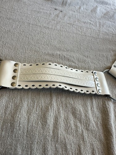 Southwestern White Patent Scalloped Genuine Leather Large Buckle Belt M - Picture 3 of 12