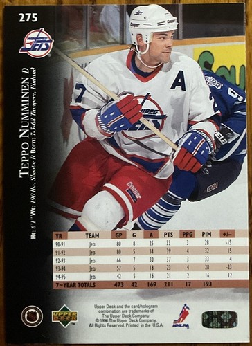 1995-96 Upper Deck Electric Ice Gold RARE Teppo Numminen #275 Winnipeg Jets - Picture 2 of 3