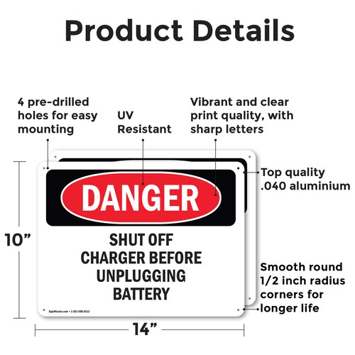 (2 Pack) Shut Off Charger Before Unplugging Battery OSHA Danger Sign Decal Metal - Imagen 2 de 21