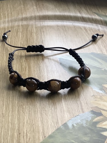 Tigers Eye Bracelet Genuine Gemstone Adjustable Beaded Bracelet Wax Cord - Picture 3 of 4