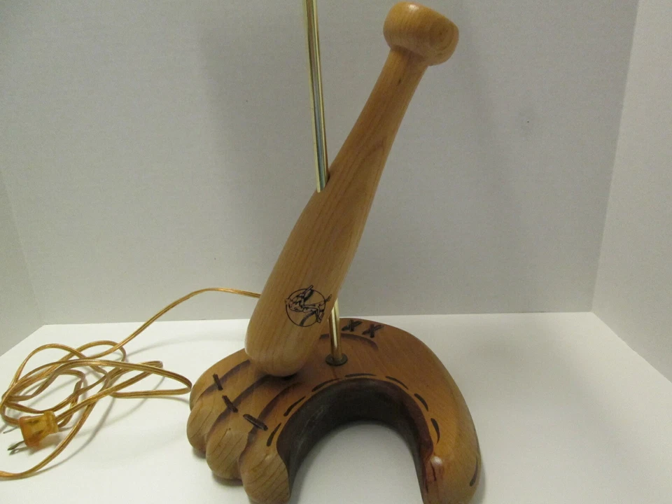 Baseball Table Lamp, Wood Base, Glove and Bat, Denim Blue Shade - Image 3 of 4