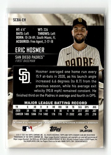 2021 Topps Stadium Club - Eric Hosmer #SCBA-EH Auto - Picture 2 of 2