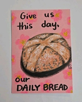ACEO Original Hot Cross Bun Lord's Prayer Drawing Bread Pink Flower  2.5x3.5 in
