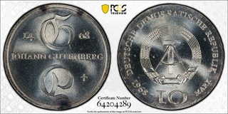 1968 East Germany Johann Gutenberg 10 Mark PCGS MS66