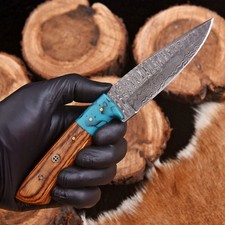 Handmade Survival Damascus Skinning Hunting Tactical Knife With Leather Sheath