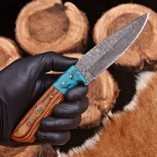 Handmade Survival Damascus Skinning Hunting Tactical Knife With Leather Sheath