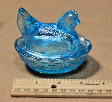 Blue  Glass Mini Hen on Nest Covered Candy Dish 3.5"