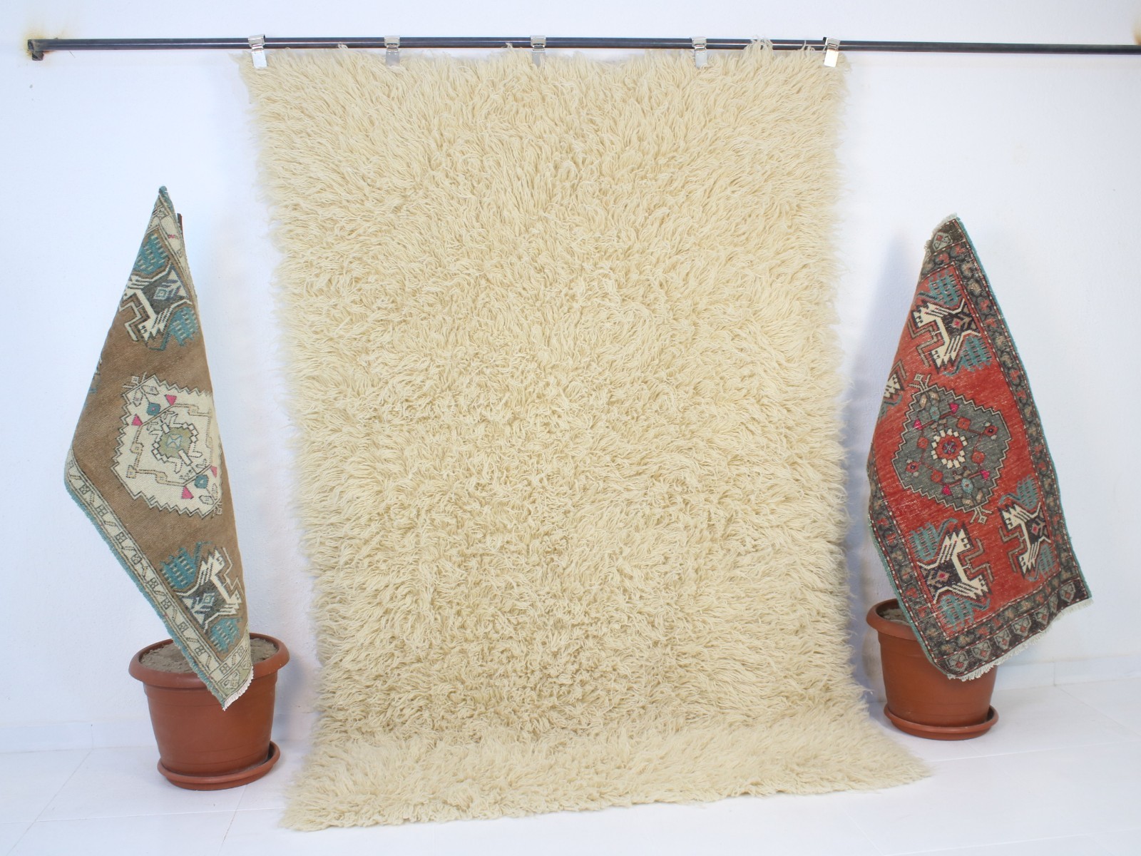 5x7 Turkish Handmade Shaggy Area Rug Beige Sheepskin 4.6x7.0 ft