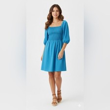 Bar III Womens Smocked Babydoll Dress Bishop Sleeve XL Blue Romantic Boho