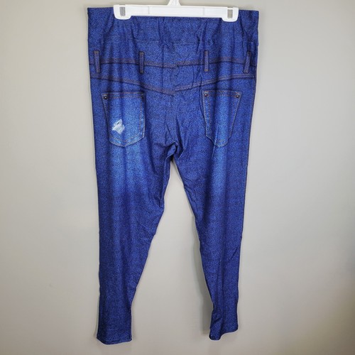 Medium Wash Faux Distressed Denim Red Bandana Accents Leggings Extended PS - Picture 5 of 6