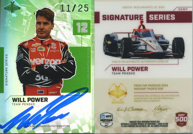 2024 Parkside Pacific IndyCar Will Power /25 Green Autograph Ships Brick Box