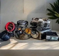 Canon AE-1 Black 35mm SLR w/ Canolite D Flash, Tamron 80-210, 55mm Filters