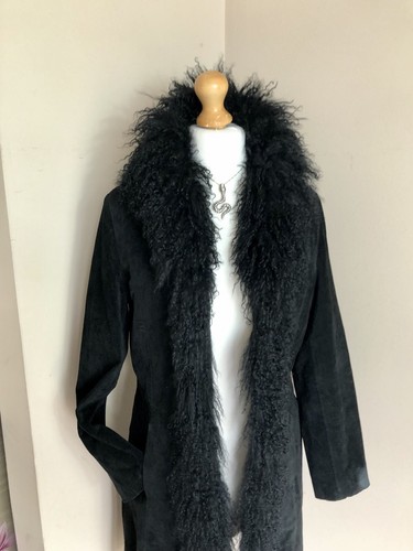 Real Suede Mongolian Fur Mongolian Lambswool Longline Penny Lane Coat Size 12-14 - Picture 3 of 15