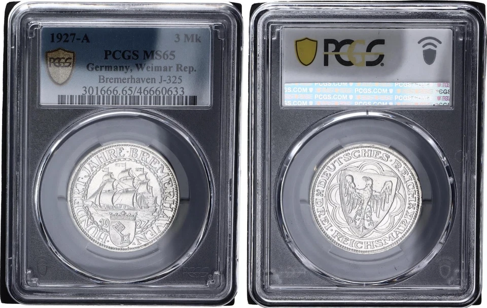 Weimar 3 Mark Silber 1927-A Bremerhaven J.325 PCGS MS65 Stempelglanz 141101 - Bild 1 von 1