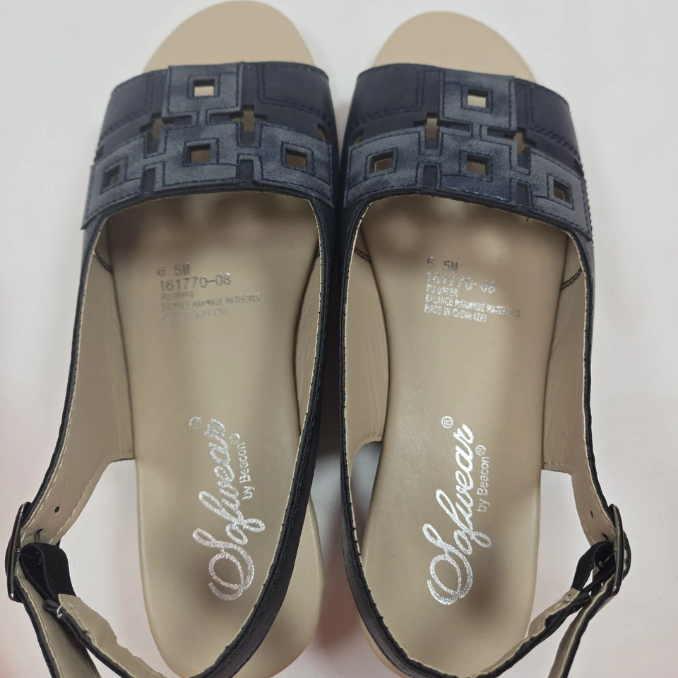 Sofwear By Beacon Navy Cutout Toe Strap Open Toe Low Wedge Sandal AnkleStrap 6.5 - Image 3 of 4