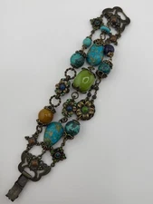 Sweet Romance Signed Multicolor 3 Strand Flower Link Bracelet Turtle Clasp