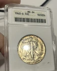 1940 S WALKING LIBERTY HALF ANACS Old Slab MS 64 FROSTY RAINBOW TONING ARC!