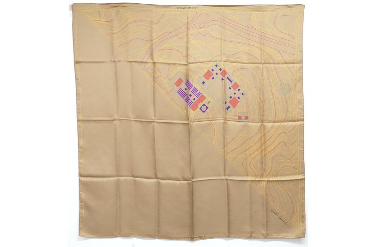 Louis Vuitton 87cm Beige Silk Scarf with Architecture Map Design