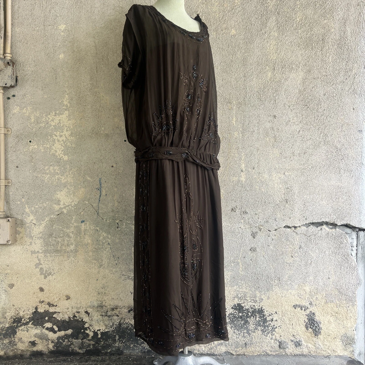 Antique 1920s Brown Silk Chiffon Dress Arts n Crafts Beading Maxi Vintage