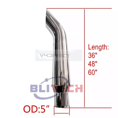 Chrome 6''-5'' OD x 36'' 48'' 60'' inch Bull Horn Stack Pipe Exhaust Semi Truck Tube