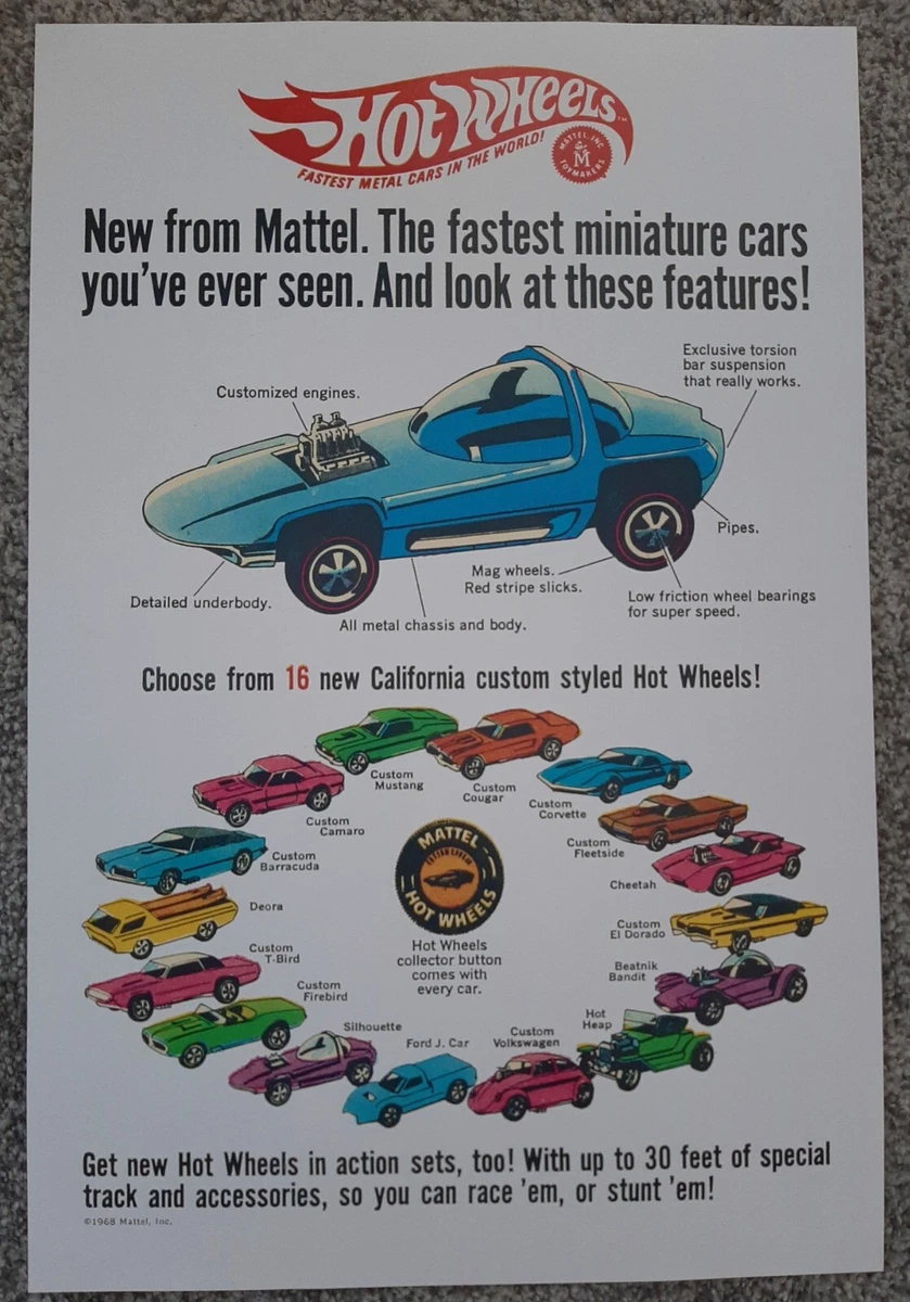 REDLINE HOT WHEELS 1968 ORIGINAL 16 CARS PINK CHEETAH PYTHON POSTER