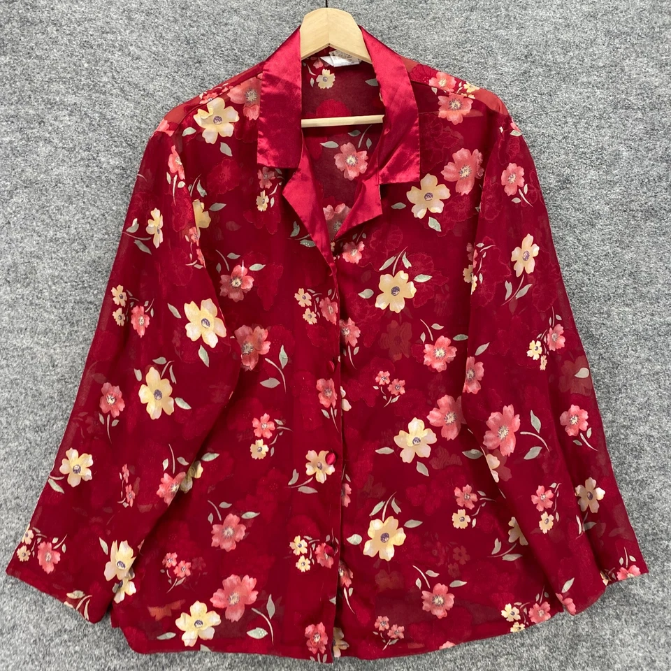 Camisa para dormir Secret Treasure para mujer L grande roja floral con botones manga larga Foto 3 de 4
