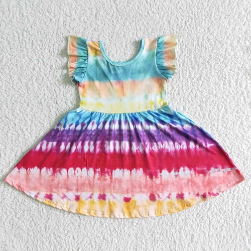 Sommer Boutique Baby Mädchen Zehenfärbung Flatterärmel knielanges Kleid