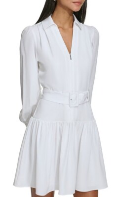 Size 2 Karl Lagerfeld Paris White Mini Dress Belted Collared Wedding Cocktail