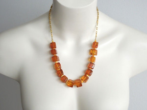 Authentic Natural Amber Cube Necklace Gold Plated Honey Amber 40 G/56.5Cm