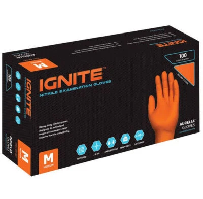 Box of 100 "HEAVY DUTY" 7ML Thick Aurelia Ignite Textured Orange Nitrile Gloves