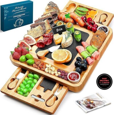 Tabla grande de bambú para charcutería con 2 cajones, cuchillo y cuencos. neuvo.