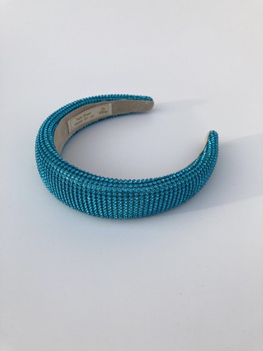 Padded 1.5” Headband with Aquamarine Rhinestone Aluminum Mesh Overlay Handmade - Picture 4 of 8