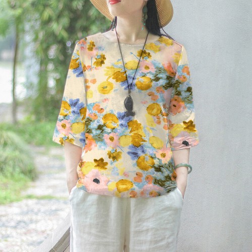 Korean Womens Casual 3/4 Sleeve Blouse Top Floral Printing O Neck Loose - Picture 8 of 31