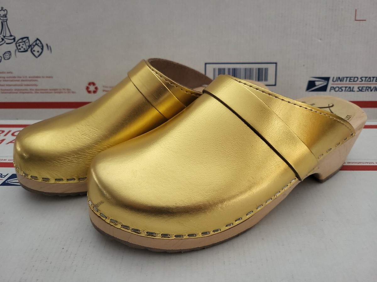 Lotta's Stockholm Sweden Gold Leather Wood Heel Clogs Women's Size