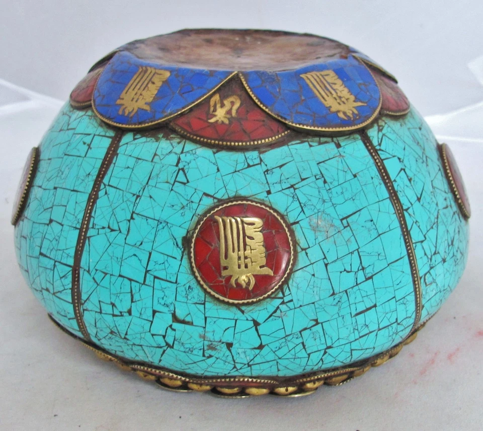 Jarrón o cuenco antiguo tibetano/tibetano de cobre, turquesa, cornalina y esmalte de 7,6" Foto 4 de 4