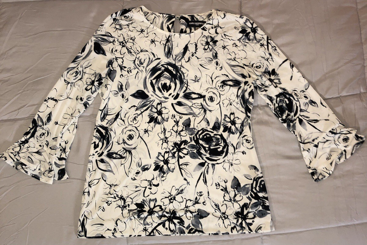 KARL LAGERFELD PARIS Womens S Floral Black White 3/4 Ruffle Bell Sleeve Stretch
