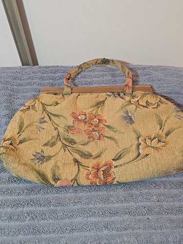 Vintage 1960s Fabric and Wood Frame Purse Large Brown Floral Handbag Amelia... - Picture 3 of 12