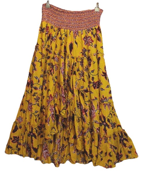 Ishka Mustard Yellow Boho Style Ruffled Tiered Midi Skirt Large 